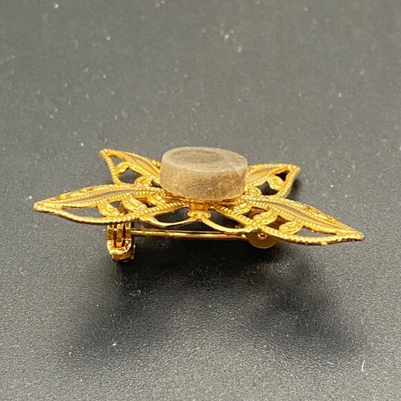 Vtg Petoskey Stone Butterfly Brooch Filigree Gold Tone Pin Box Michigan Fossil - Picture 3 of 10